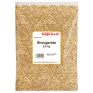 Supravit Braugerste 2,5 kg, Ergänzungsfutter für Hühner und Tauben in transparenter Verpackung.
