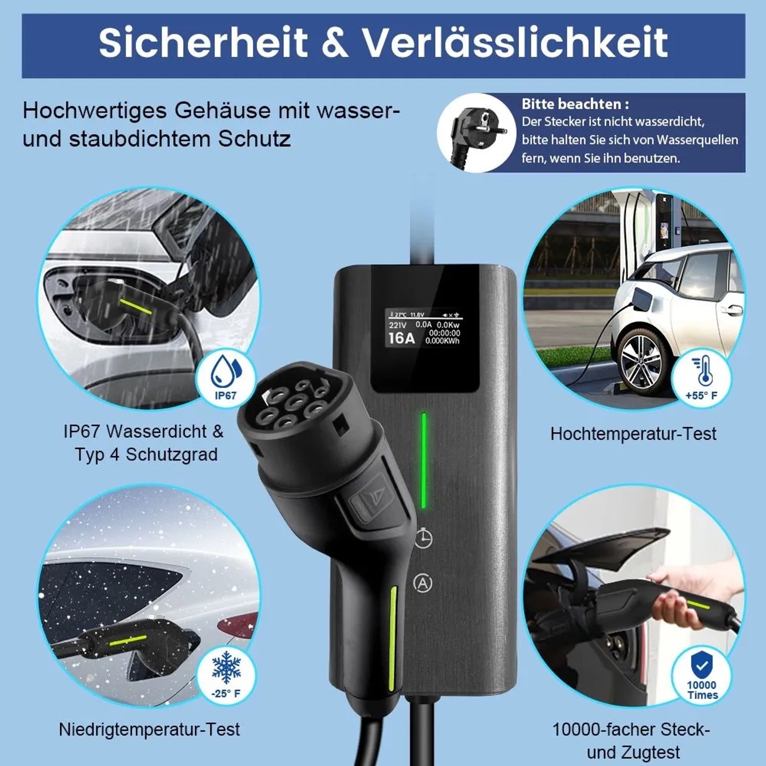 Junsun Typ 2 EV Ladekabel mit Ladegerät. Robust, wasserdicht, staubdicht und sicher für Elektrofahrzeuge.