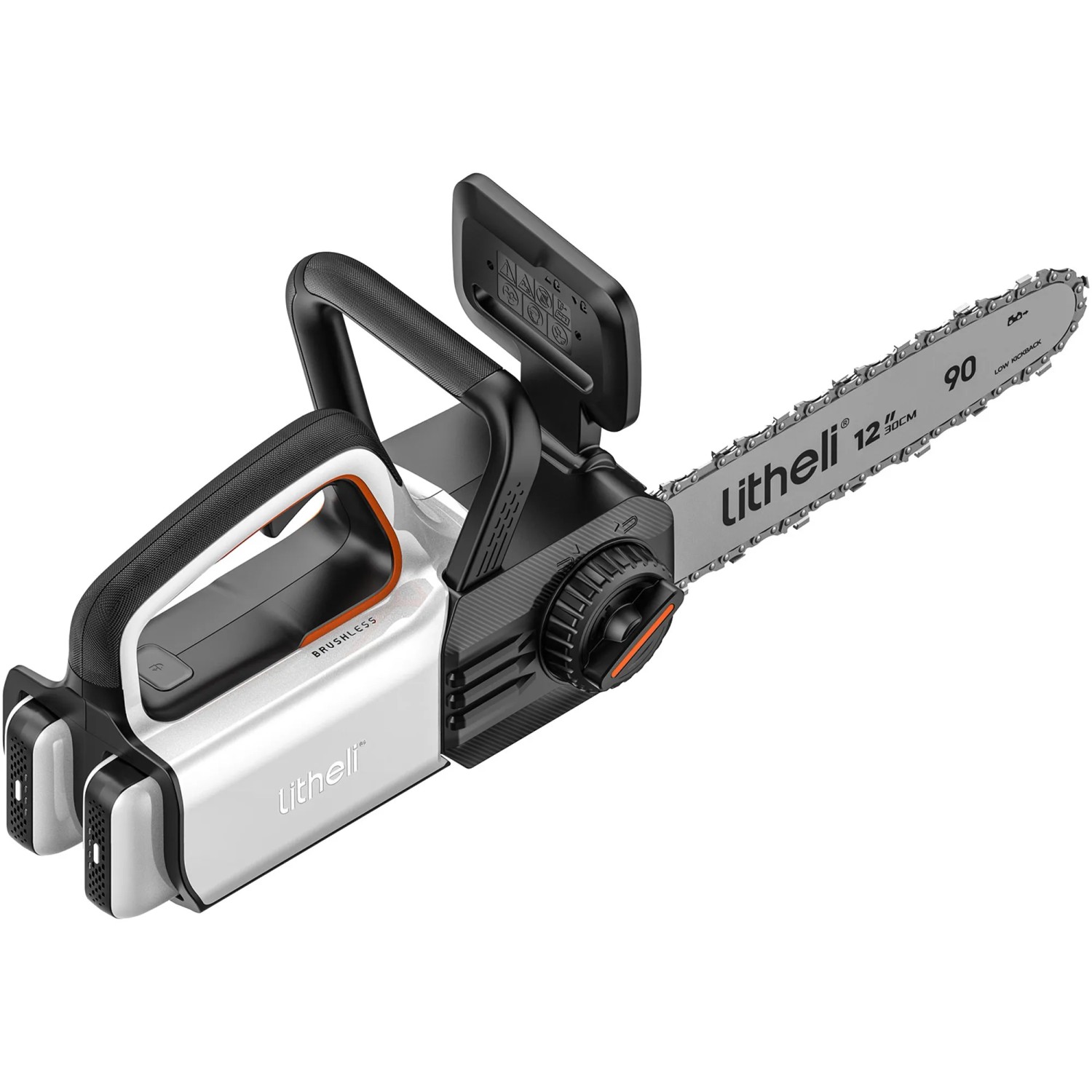 Litheli Akku-Kettensäge mit 2 Akkus (2.0Ah). Bürstenloser Motor, werkzeuglose Kettenspannung.