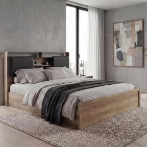 King Size Bett mit Lattenrost, Staufächern und gepolstertem Kopfteil in Eiche Dunkelgrau, 180x200 cm.