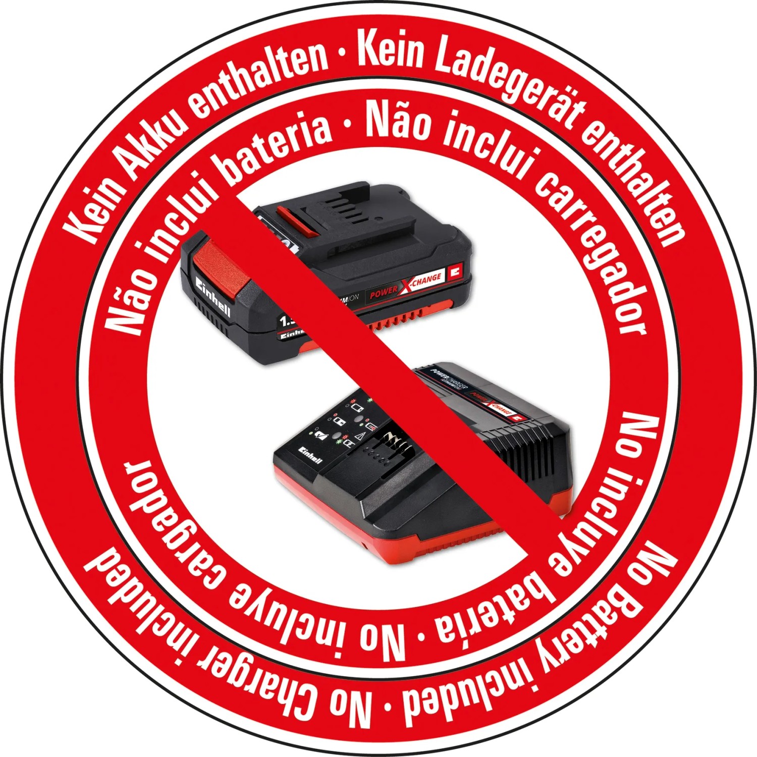 Symbol: Kein Akku, kein Ladegerät im Lieferumfang des Einhell Power X-Change Farbmörtelrührers enthalten.