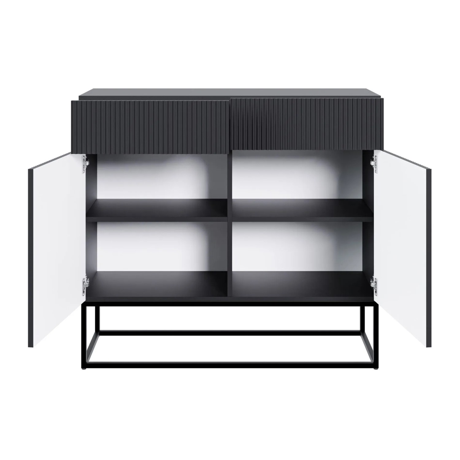 Schwarzes Selsey Sideboard Veldio mit geriffelter Front, offenen Türen, 4 Fächern und 2 Schubladen, auf schwarzen Metallbeinen.