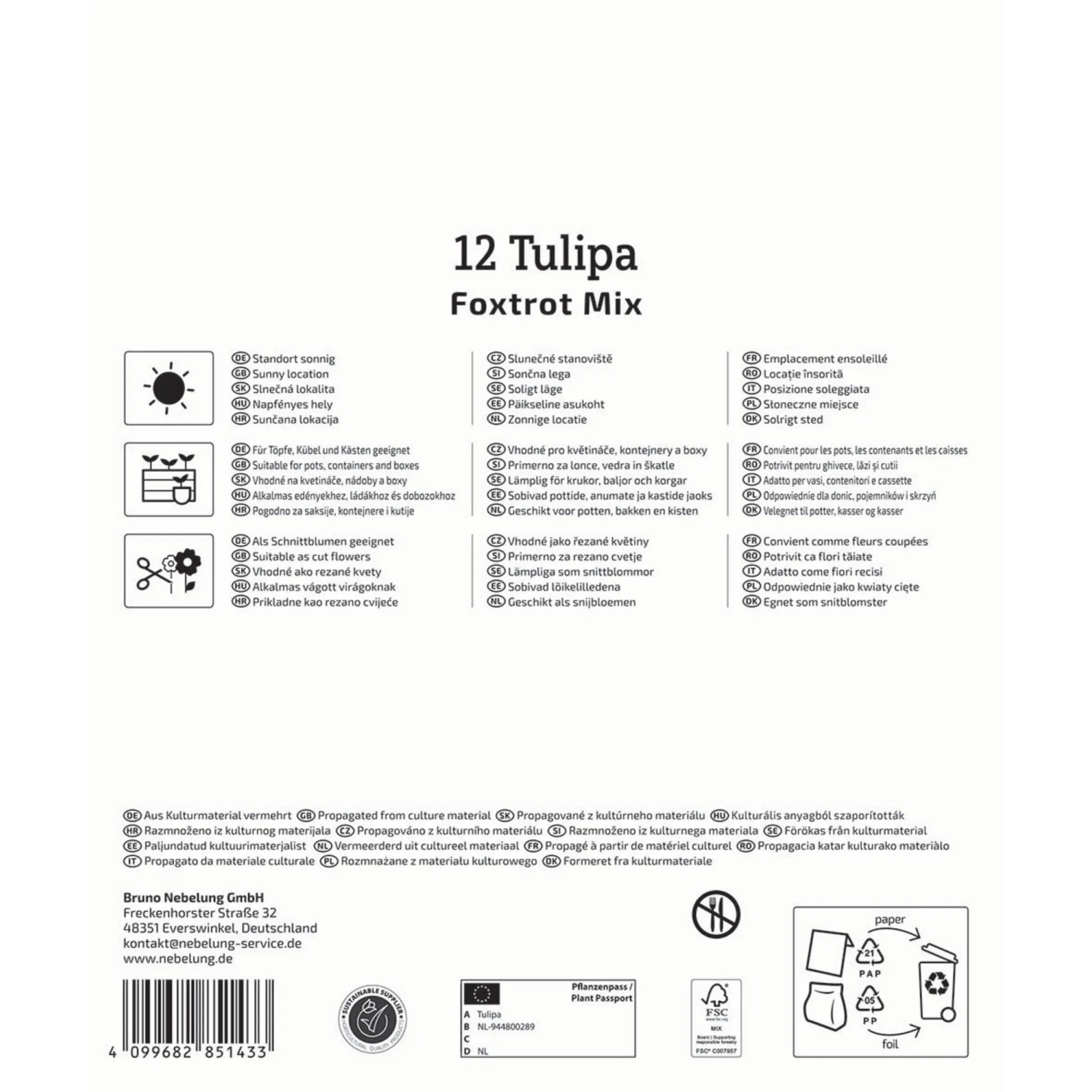Verpackung Kiepenkerl Blumenzwiebeln: 12 gefüllte frühe Tulpen Foxtrot Mix. Für Sonne, Töpfe, Schnittblumen.