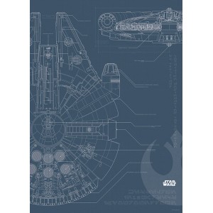 Blaues Wandbild Star Wars Falcon (50x70 cm) mit technischer Zeichnung des Raumschiffs.