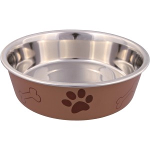 Jollypaw Edelstahlnapf mit Kunststoffmantel, braun, mit Pfotenabdruck und Knochen Motiven.