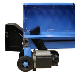 Detailansicht des blauen Güde Holzspalter GHS 370/4TE mit Motor und Rädern.