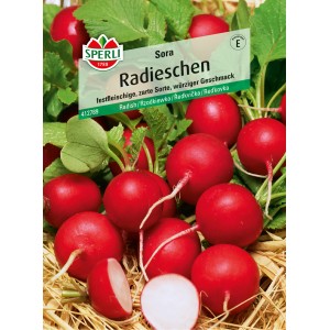 Samenpackung Sperli Radieschen 'Sora' mit roten, runden Radieschen und grünen Blättern.