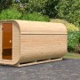 Naturbelassenes Karibu Fassauna Quadro 3 Saunahaus aus Fichte mit Glastür.