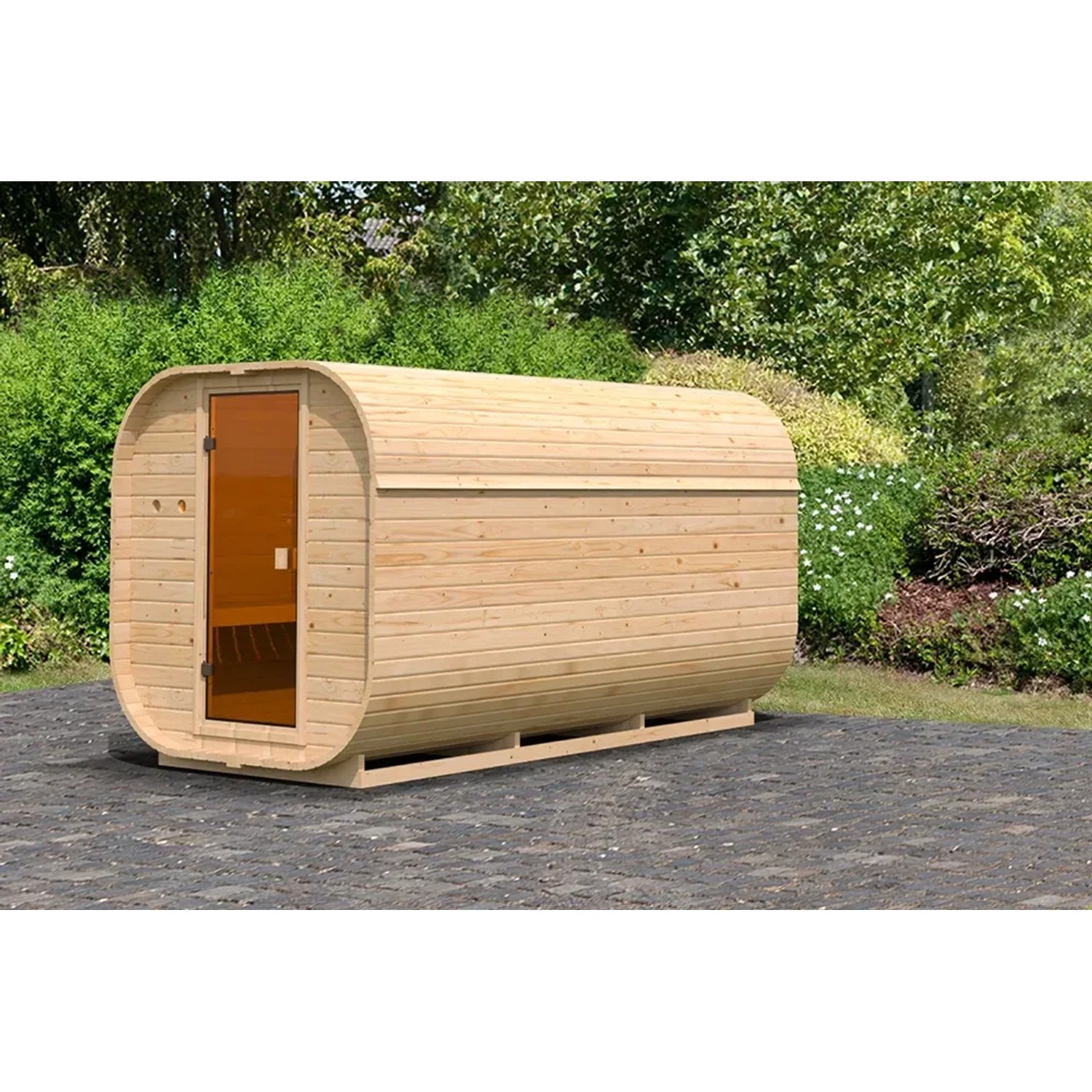 Naturbelassenes Karibu Fassauna Quadro 3 Saunahaus aus Fichte mit Glastür.