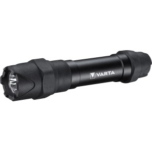 Schwarze Varta LED-Taschenlampe Indestructible F30 Pro mit Batterien.