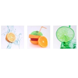 MCW Leinwandbild H376, 3-teilig mit Obstmotiven: Orange, Apfel und Limette.