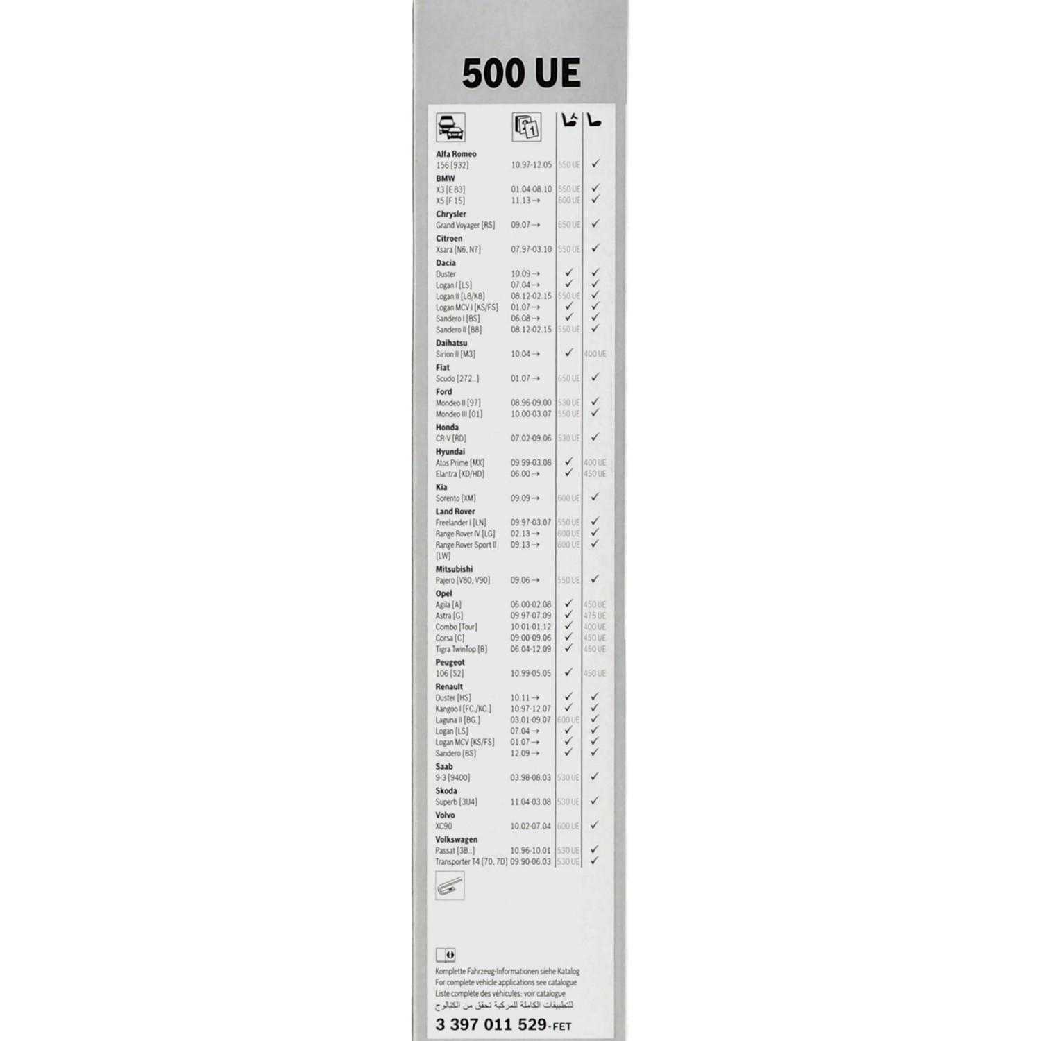 Verpackung Bosch ClassicWiper 500UE Wischblatt mit Fahrzeugliste.