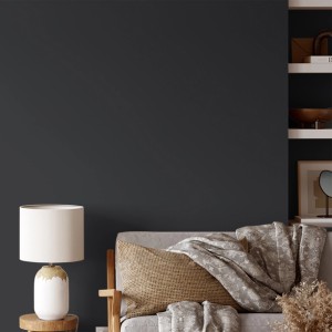 Wand in dunklem Grau mit V&CO Premium Innenfarbe „Fast Schwarz“. Matte Oberfläche, Wohnraum-Szene.