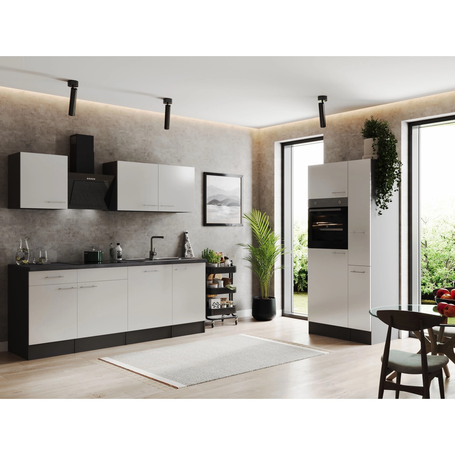 Moderne Respekta Küchenzeile Oliver 310 cm in Weiß mit Elektrogeräten und Arbeitsplatte in Granit Optik.