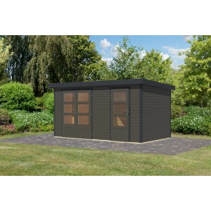 Karibu Gartenhaus Alfredo B, terragrau/anthrazit, mit Doppeltür und Einzeltür im Garten.
