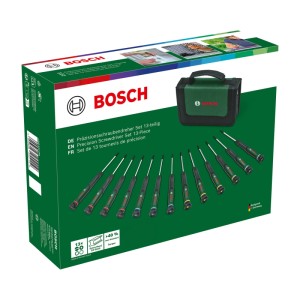 Bosch Präzisions-Schraubendreher Set, 13-teilig, mit farbcodierten Griffen und grüner Aufbewahrungstasche.