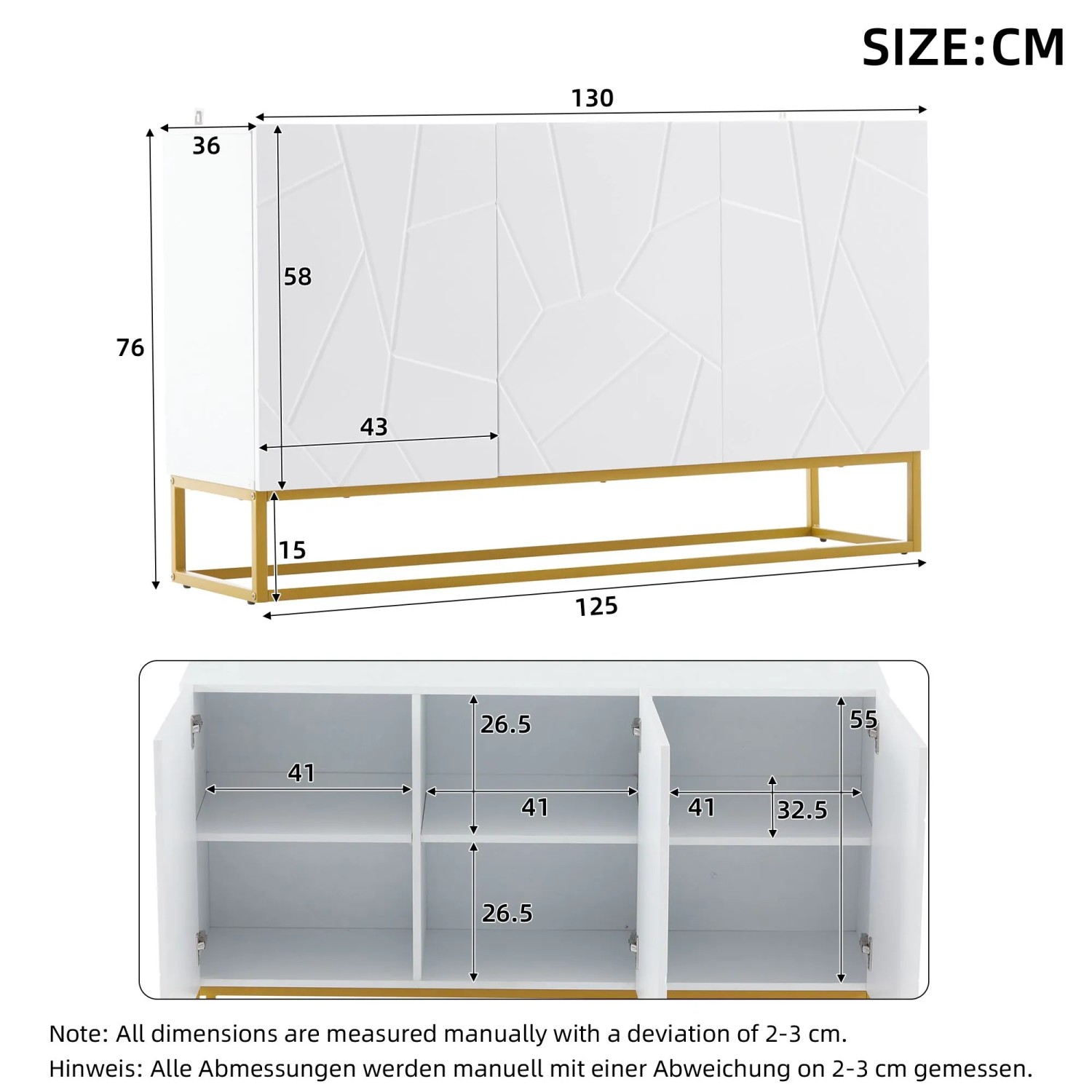 okwish Sideboard mit 4 Fächern Stauraum Esszimmer 130x38x76cm Weiß_5