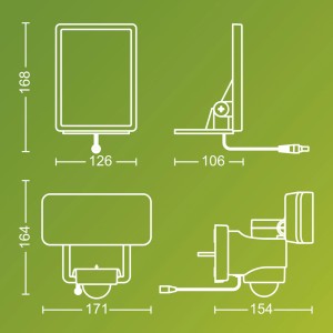 Technische Zeichnung der weißen Philips Tylus Solar Wegeleuchte mit Maßen.