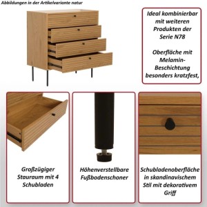 Kommode N78 mit 4 Schubladen in Naturholzoptik und schwarzen Metallfüßen.