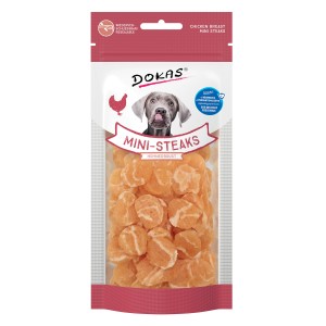 Dokas Mini-Steaks Hühnerbrust, Hunde-Belohnungssnack im wiederverschließbaren Beutel.
