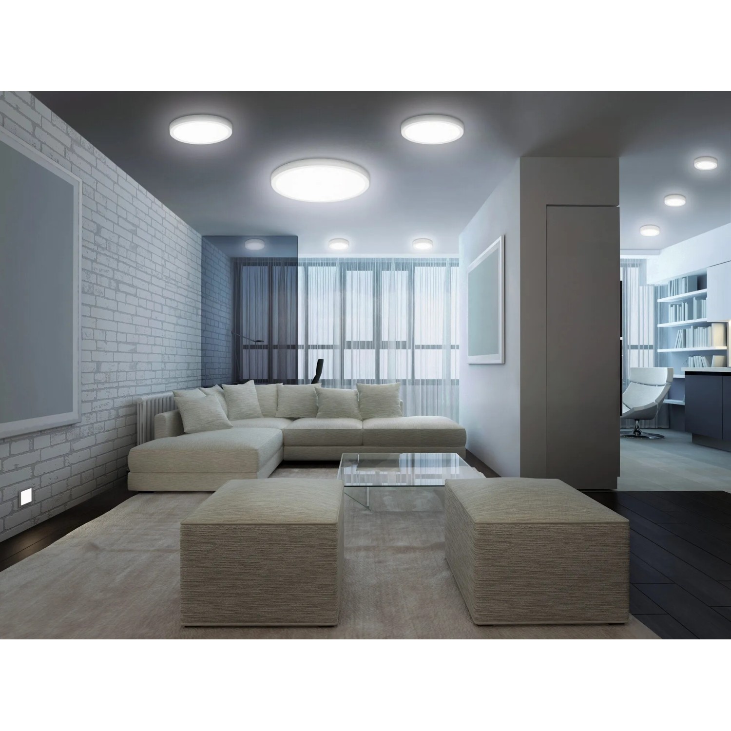 Wohnzimmer mit Ledvance Smart+ WiFi Einbauleuchten Surface Downlight, weiß, Ø 40 cm.