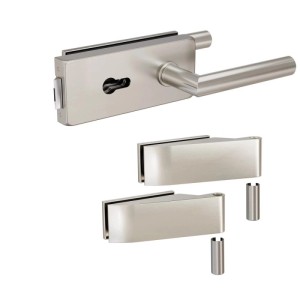 Levidor Glastürbeschlag Studio Eckig aus gebürstetem Edelstahl. Set mit Türgriff, Schloss für Profilzylinder und Bändern.