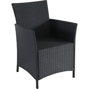 Schwarzer Polyrattan Sessel für den Garten mit beigem Sitzkissen. Bequemer Lounge-Sessel.