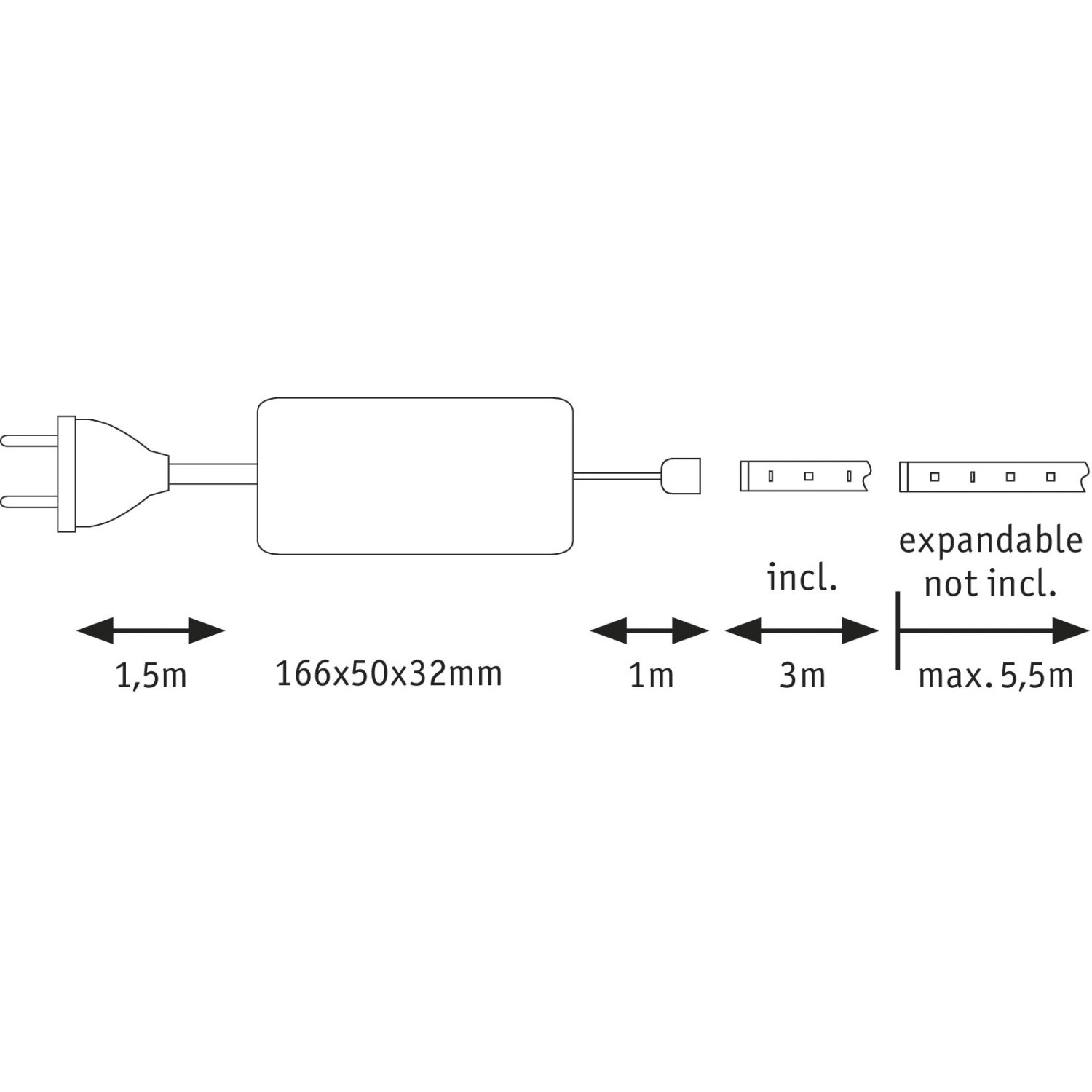 Schemazeichnung Paulmann MaxLED 1000 Basis-Set 3m, Abmessungen und Erweiterungsmöglichkeiten.