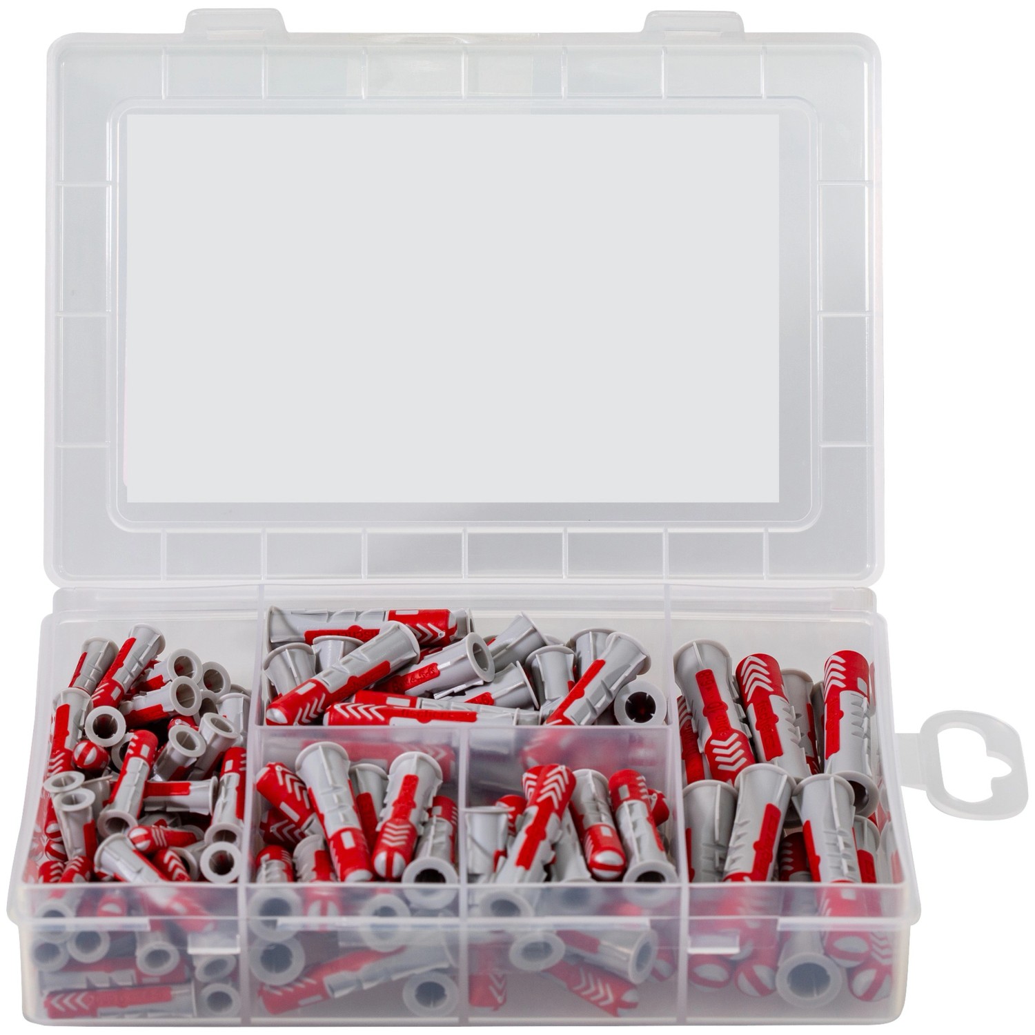 Fischer Meister-Box Wohnraum mit 132 Dübeln in transparenter Kunststoffbox, sortiert nach Größen.