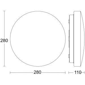 Technische Zeichnung der weißen Steinel Innenleuchte RS 20 S, einer runden Deckenleuchte mit Bewegungsmelder.
