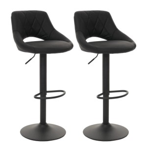 Zwei schwarze, höhenverstellbare Barhocker mit Kunstlederbezug, Ziernähten und Fußablage. Modernes 2er-Set für Küche oder Bar.