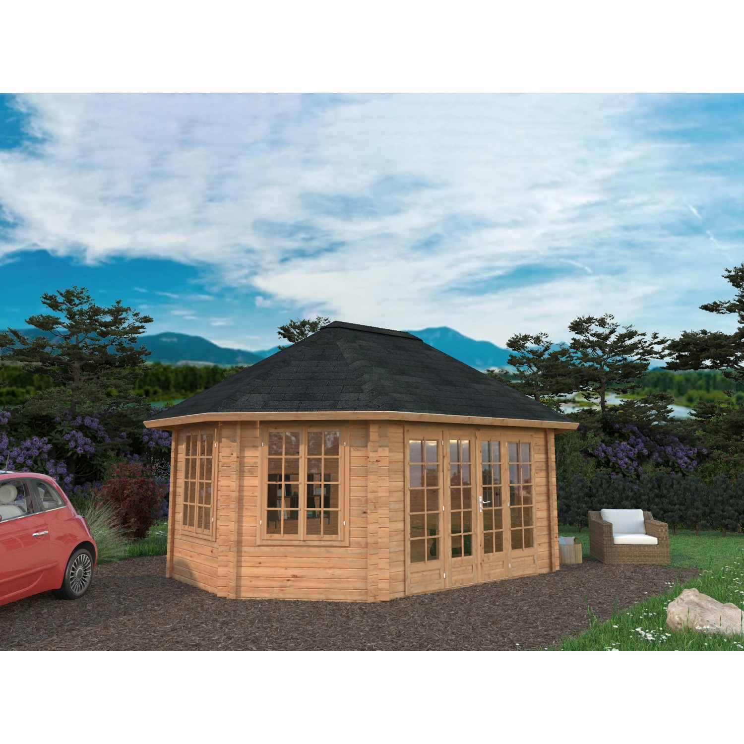 Palmako Holz-Pavillon Hanna, braun, 571x421 cm. Gartenlaube mit Fenstern und Doppeltür.
