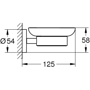 Technische Zeichnung: Grohe Essentials Seifenschale mit Halter, Maße und Details zur Wandmontage.