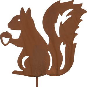 Gartenstecker Eichhörnchen aus Metall, rusty Optik, hält eine Nuss.