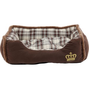 Braunes Hunde- und Katzenbett „Krone“ mit kariertem Innenkissen und goldener Kronen-Stickerei.