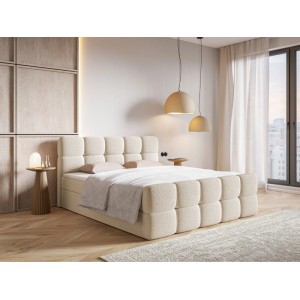 Selsey Boxspringbett Cloudy 180 cm in Hellbeige mit Boucle-Bezug. Modernes Bett mit gepolstertem Kopfteil im Schlafzimmer.