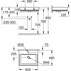 Technische Zeichnung: Grohe Cube Keramik Waschtisch, 60 cm, Alpinweiß, Maße und Details.