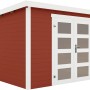 Lasita Holz-Gartenhaus Zambezi 7 in Schwedenrot mit Doppeltür und weißen Akzenten.