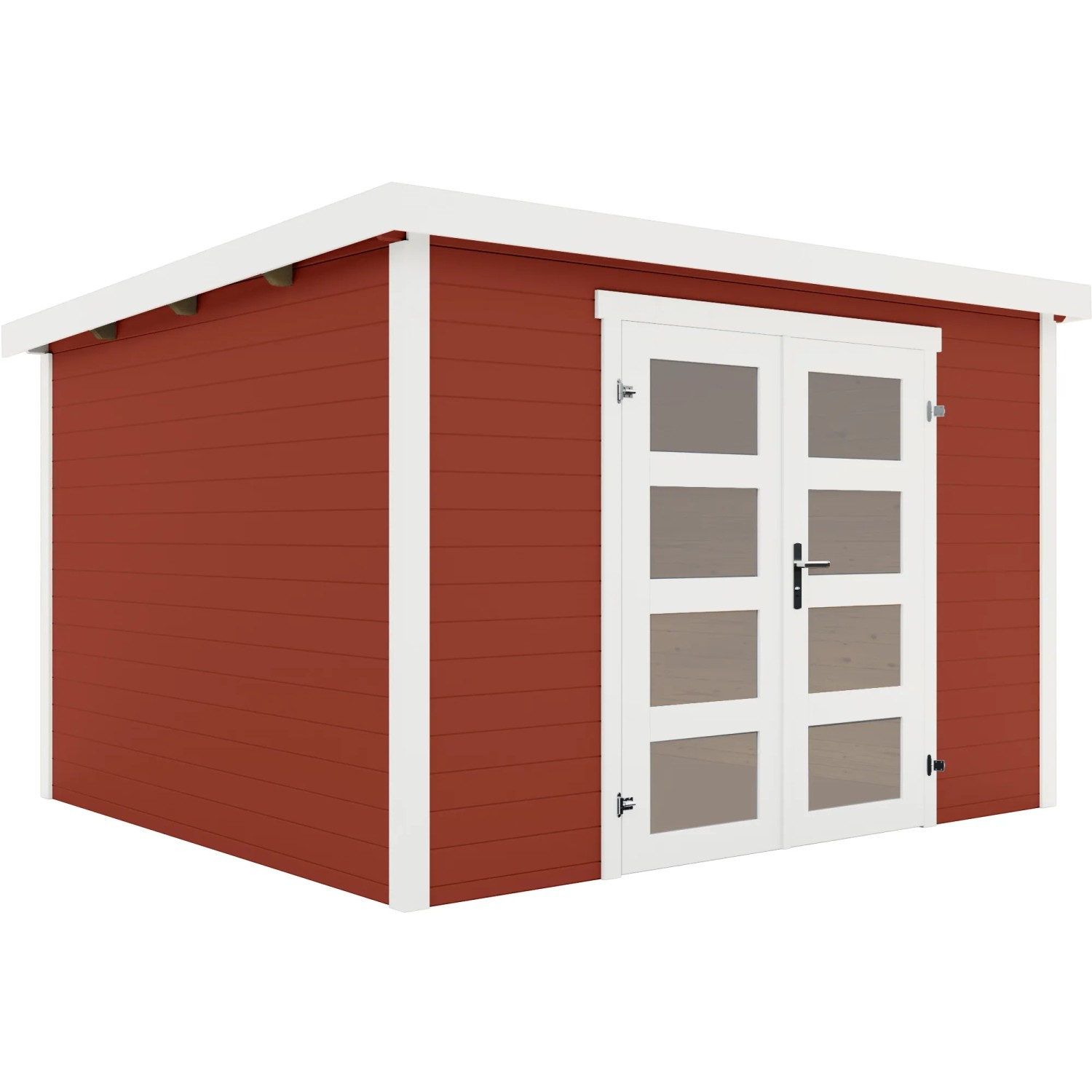 Lasita Holz-Gartenhaus Zambezi 7 in Schwedenrot mit Doppeltür und weißen Akzenten.
