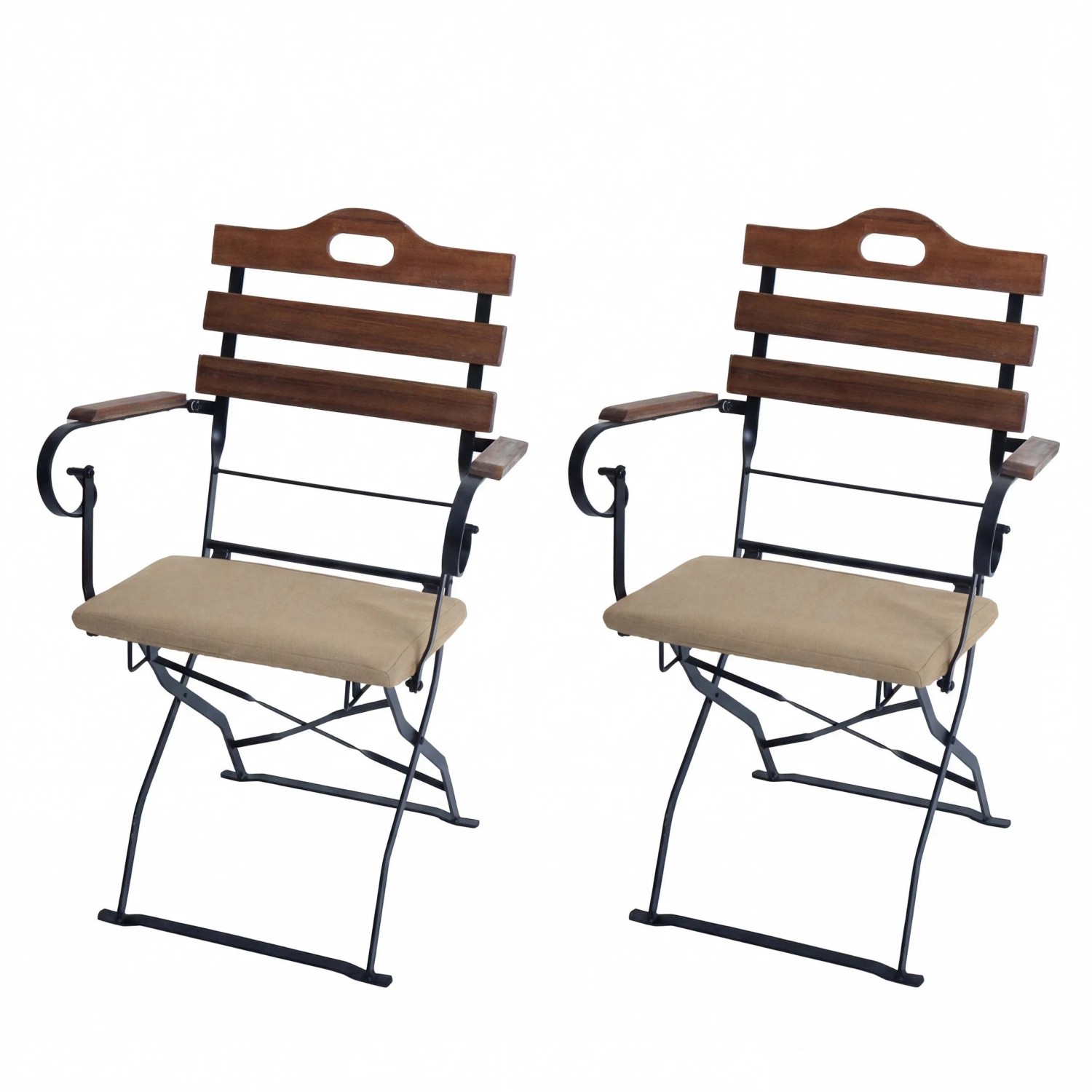 2er Set Biergartenstühle J40 in Hellbraun mit sandfarbenen Polstern.