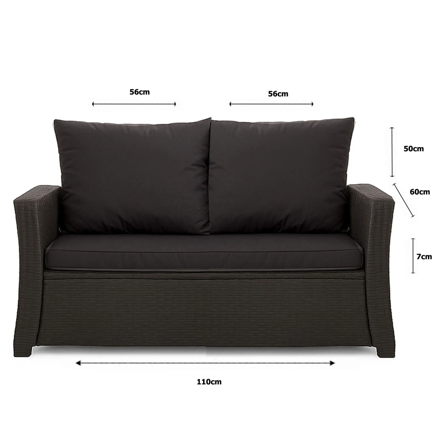 Schwarzes 1-tlg. Gartenkissen Set für 2-Sitzer Polyrattan Sofa, 110x60x50 cm.