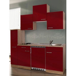 Respekta Küchenzeile KB180ESR in Rot-Eiche Optik mit Spüle, Kochfeld und Kühlschrank.
