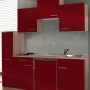 Respekta Küchenzeile KB180ESR in Rot-Eiche Optik mit Spüle, Kochfeld und Kühlschrank.