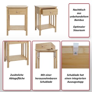 MCW Bambus Nachttisch mit Schublade, rundem Holzgriff und offenem Fach. Zeigt Auszugsstopp und Ablagefläche.
