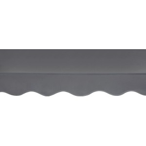 Detailansicht der anthrazitfarbenen Fallarmmarkise (150x250 cm) mit wellenförmigem Volant.