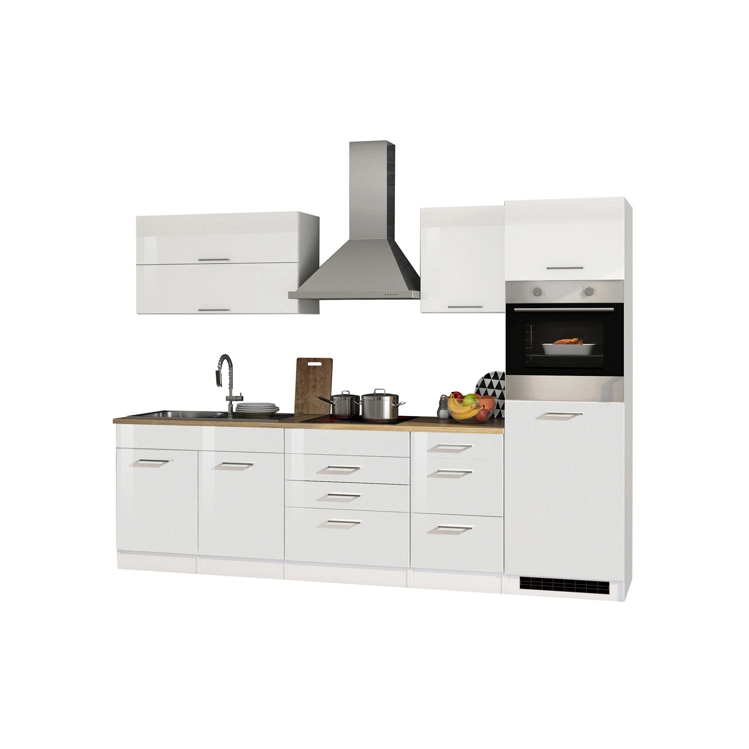 Moderne, weiße Hochglanz Küchenzeile Mailand 290 cm mit E-Geräten und Arbeitsplatte in Eiche Dekor.