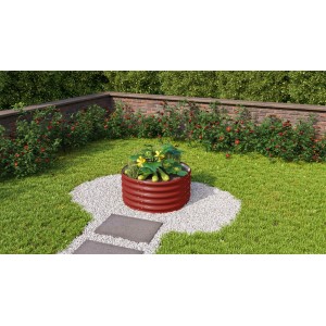 Rundes, rubinrotes Vitavia Metall-Hochbeet (82x162x40cm) mit Bepflanzung im Garten.