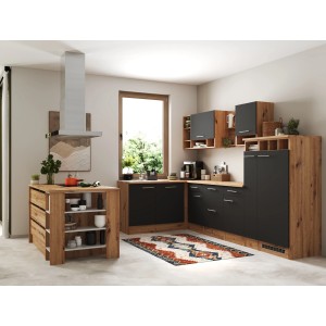 Graue Respekta Inselküche Hilde 310 cm mit Kochinsel, Einbaugeräten und Hängeregalen.