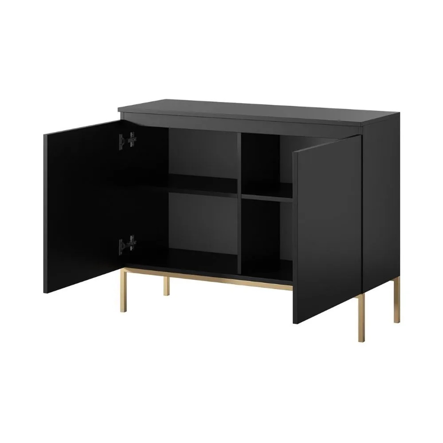 Schwarzes Selsey Sideboard Bemmi mit goldenen Beinen, offene Tür zeigt 4 Fächer. Griffloses, modernes Design.