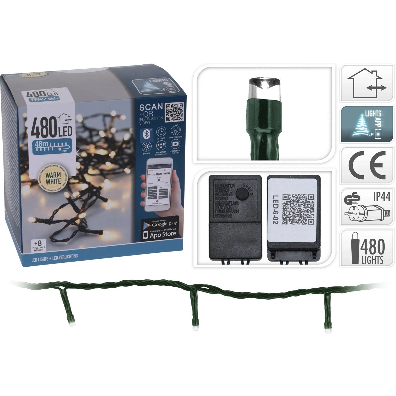 LED Lichterkette 480 warmweiße LEDs mit App-Steuerung für innen & außen. Produkt, Trafo, Verpackung.